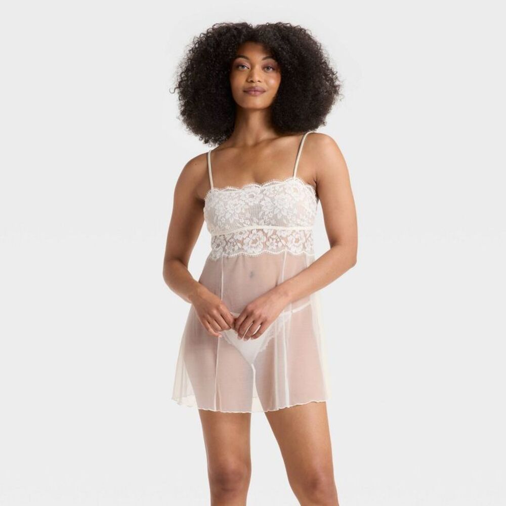 Women's Straight Neck Lingerie Babydoll Slip Dress - Auden Cream M